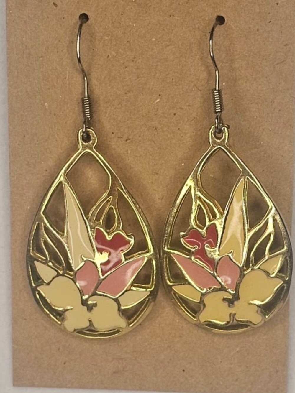 Vintage Cloisonné Enamel Flower Teardrop Dangle Earrings
